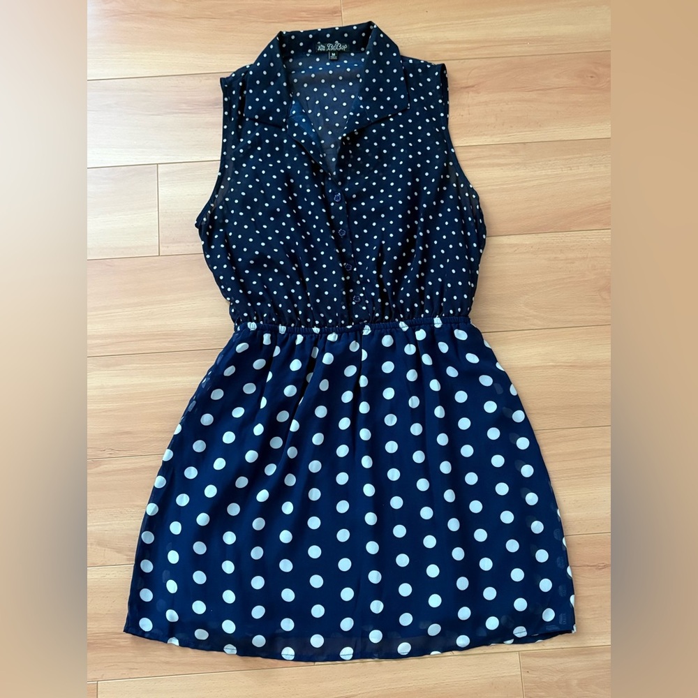 BeBop Navy and White Polka Dot Sleeveless Shirt Dress